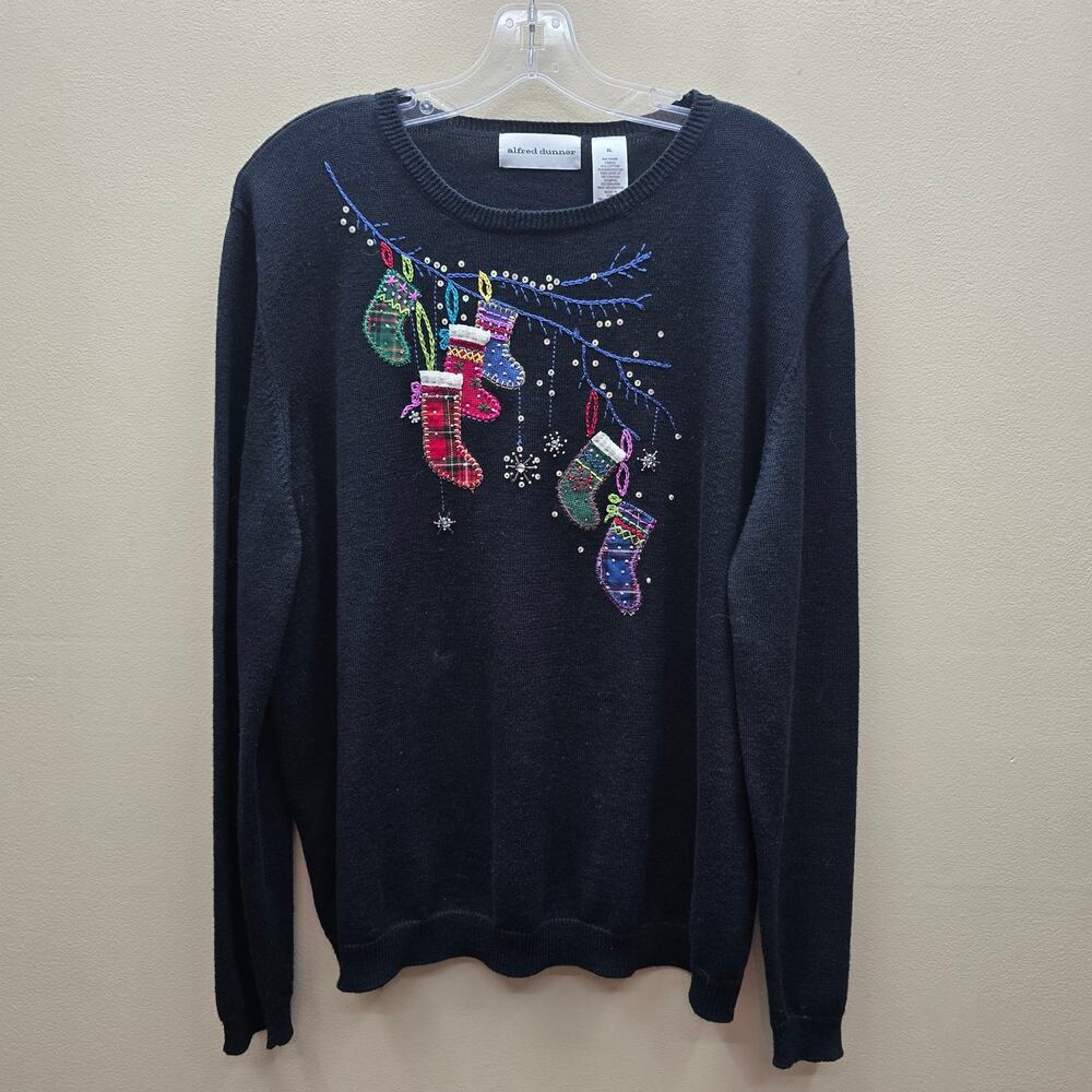 VTG Alfred Dunner Stocking Embroidered Sequins Christmas Sweater Black Size XL